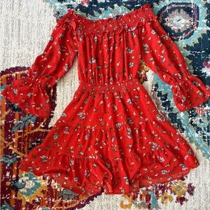 Floral Red Off-Shoulder Kids Dress